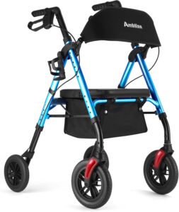 Ambliss 10 inch Front Wheeled Rollator Walker with Seat and Extra Wide Backrest